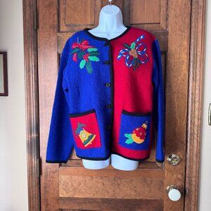 Lisa International Color-Blocked Boiled Wool Jacket w/Christmas Appliques Medium
